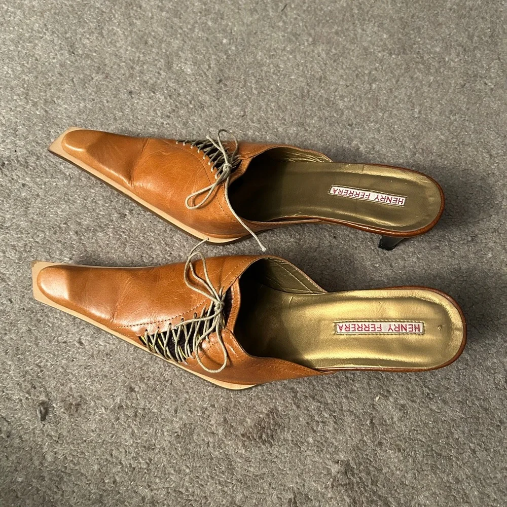 Henry Ferrera Tan Leather Slip-On Lace-Up Mules - Picture 2 of 6